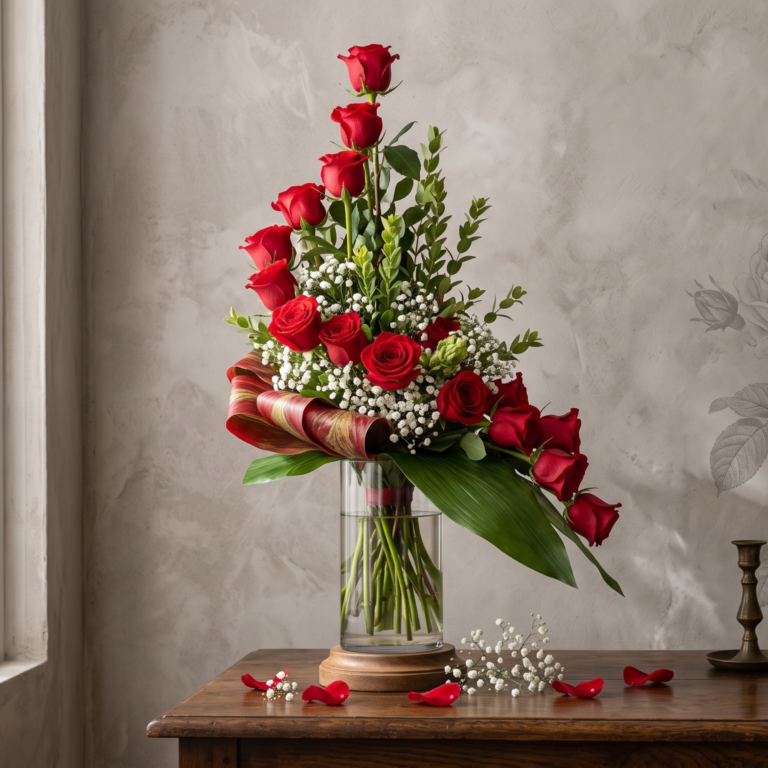 Arreglos florales altos en jarrón de cristal con rosas rojas en cascada florería lirios cabo