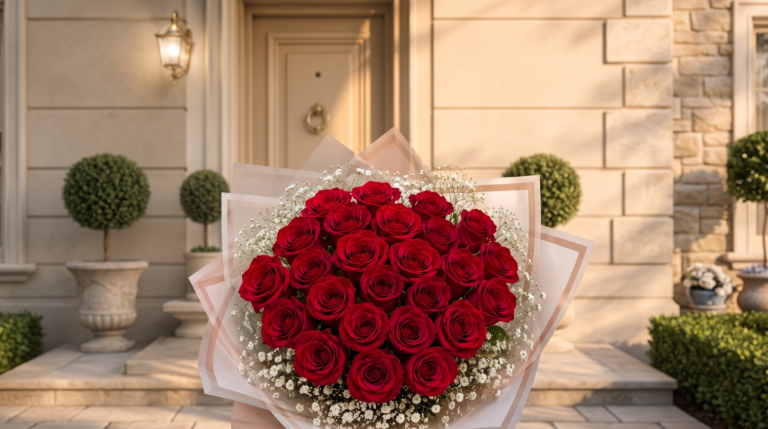 Ramo de 24 rosas rojas con gipsófila blanca en Cabo San Lucas florería lirios